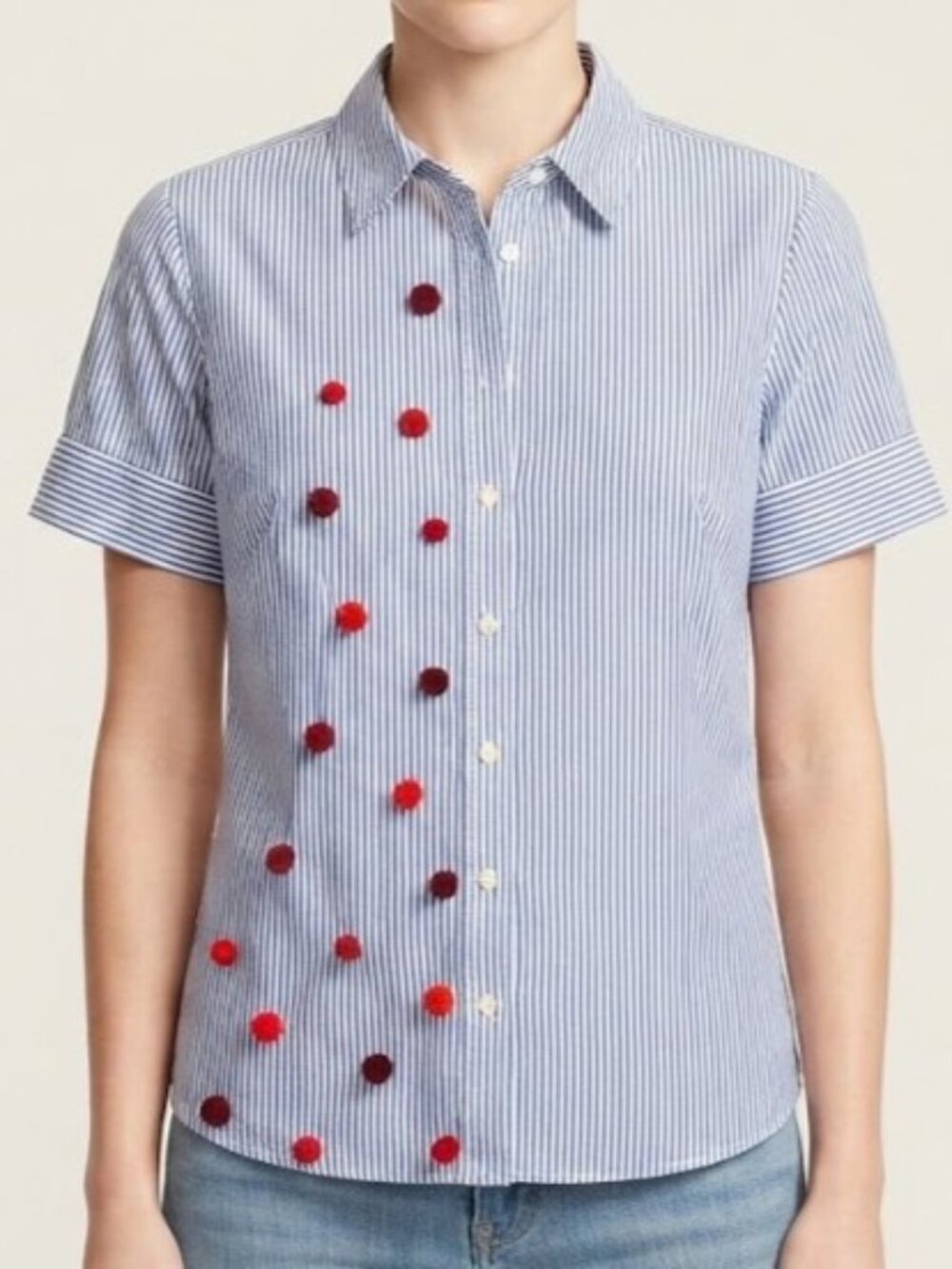 Blue and White Striped Button-Down Shirt with Red Pom Accents